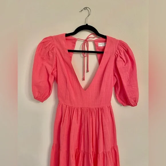 Seven Wonders V Neck Puff Sleeve Linen Maxi Dress in Pink Size S - Picture 4 of 11